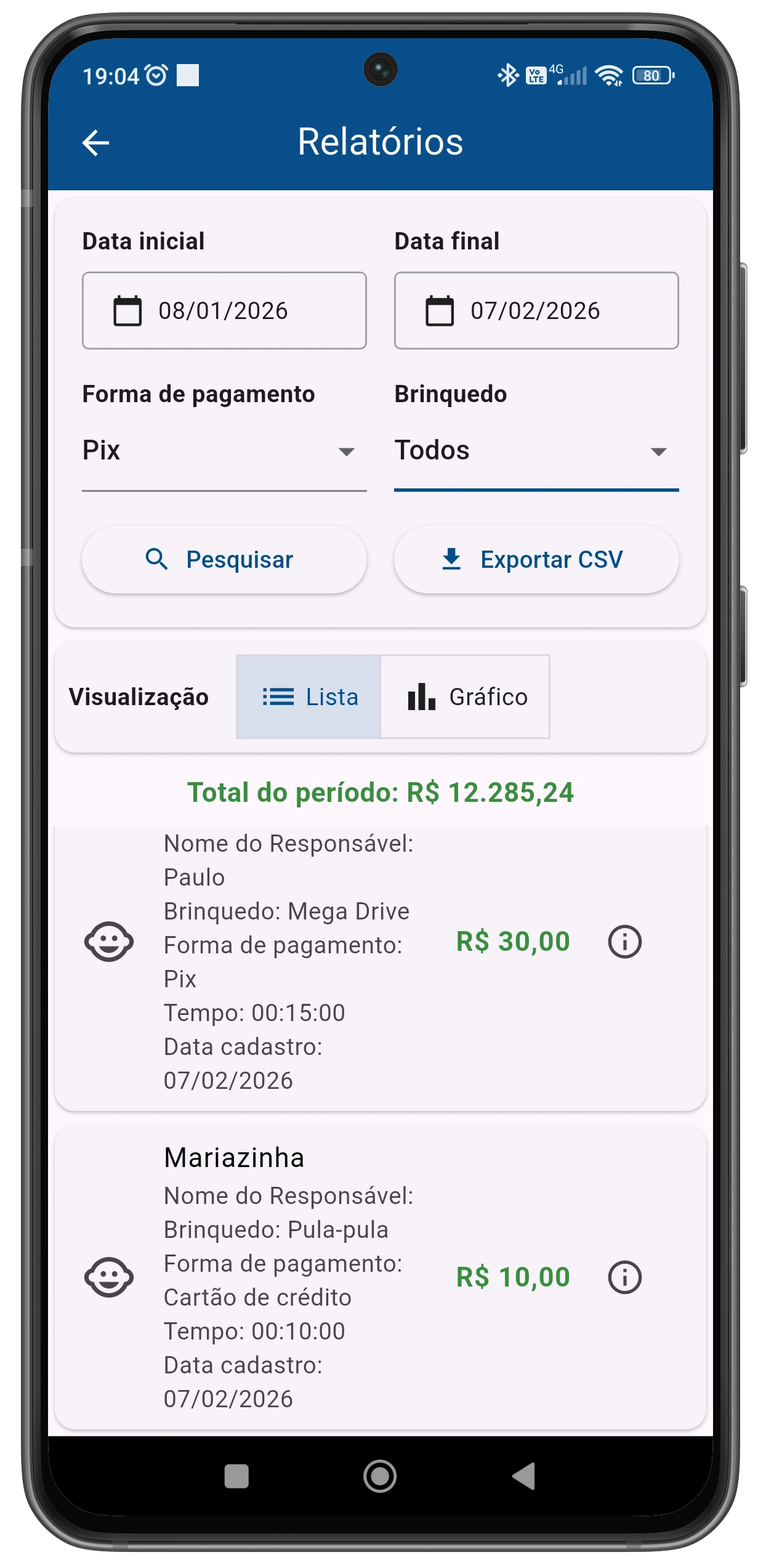 Tela do app Brincômetro com timers e painel de controle