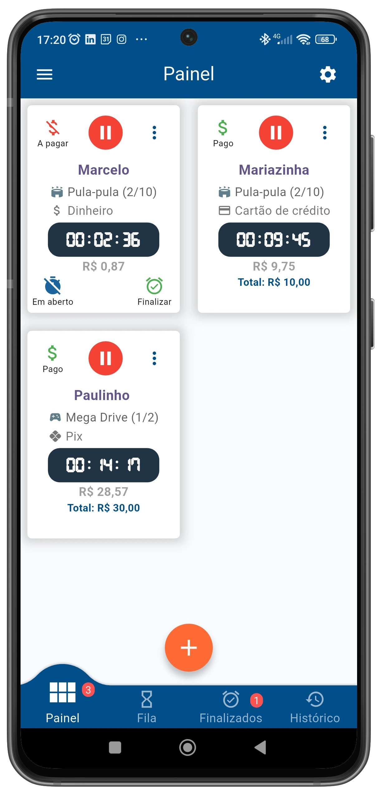 Interface do aplicativo Brincômetro mostrando cronômetros e controle de brinquedos